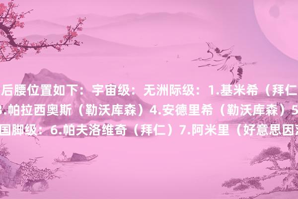 后腰位置如下：宇宙级：无洲际级：1.基米希（拜仁）2.扎卡（勒沃库森）3.帕拉西奥斯（勒沃库森）4.安德里希（勒沃库森）5.斯蒂勒（斯图加特）国脚级：6.帕夫洛维奇（拜仁）7.阿米里（好意思因茨）8.斯塔克（不莱梅）9.雨果-拉尔森（法兰克福）10.内茨（门兴）11.加西亚（勒沃库森）12.马克西米利安-阿诺德（狼堡）13.菲利克斯-恩梅查（多特）14.比希霍夫（霍芬海姆）    体育录像/图片