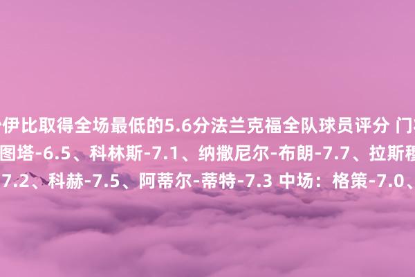 沙伊比取得全场最低的5.6分法兰克福全队球员评分 门将：特拉普-7.4 后卫：图塔-6.5、科林斯-7.1、纳撒尼尔-布朗-7.7、拉斯穆斯-克里斯滕森-7.2、科赫-7.5、阿蒂尔-蒂特-7.3 中场：格策-7.0、詹-乌尊-6.3、胡戈-拉松-6.6、斯希里-7.3、沙伊比-5.6、奥斯卡-霍伊伦-7.3 时尚：克瑙夫-7.6、巴霍亚-6.5、埃基蒂克-7.6多特蒙德全队球员评分 门将：科贝尔